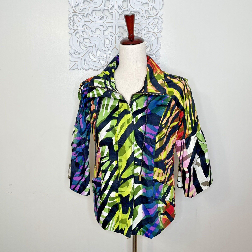 JUST B Women's Jacket MEDIUM Rainbow Tiger Stripe 3/4 Flared Sleeves Full Zip